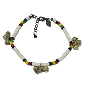 Beaded White, black, red, yellow, Green Bracelet with bells